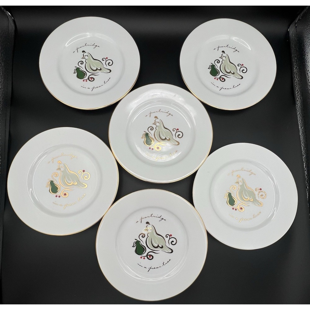 6 Pier 1 12 Days of Christmas Porcelain 7.75 in Snack Dessert Plates Partridge